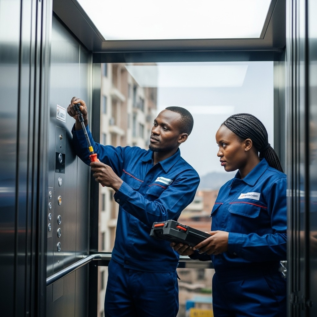 A technician working on an elevator