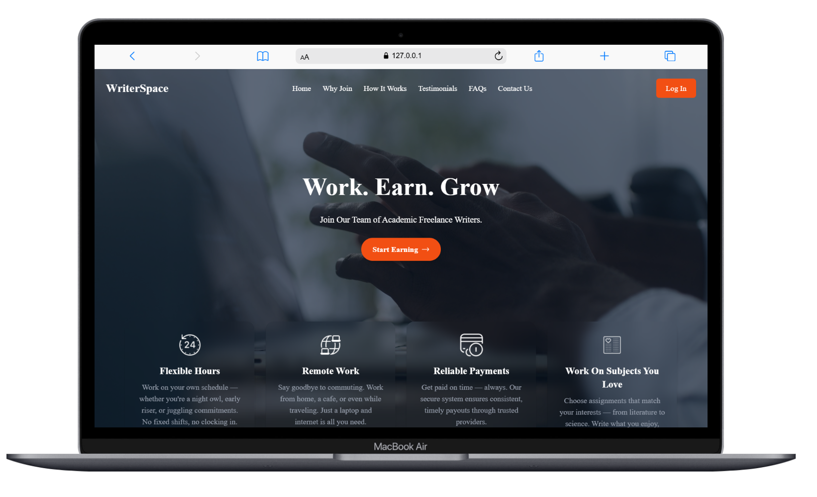 WriterSpace Landing Page - Desktop
